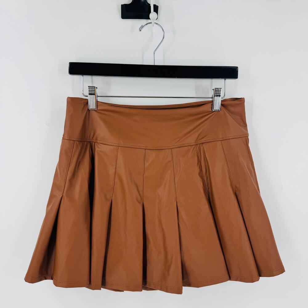 aerie Faux Leather Pleated Midi Skirt in Cognac Brown